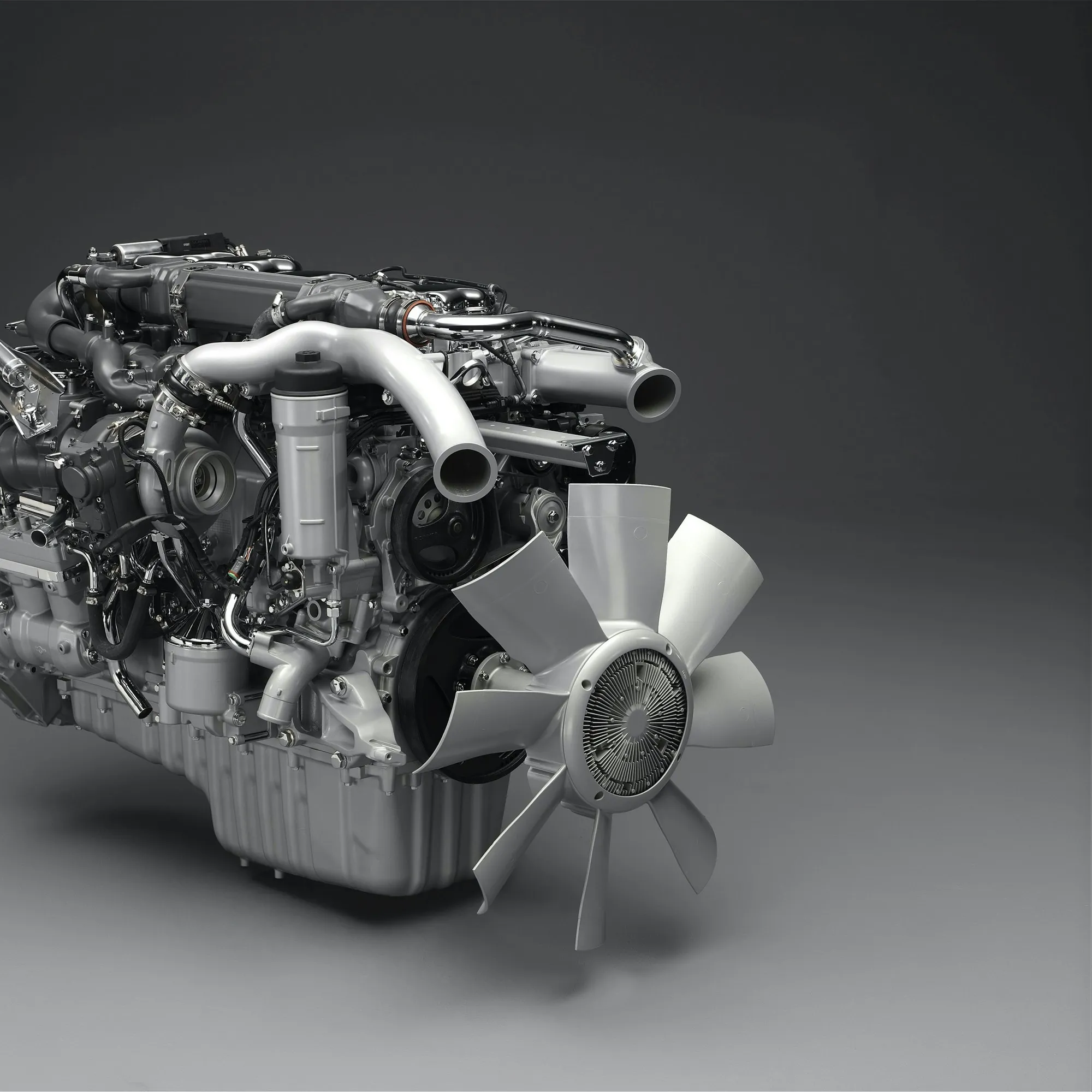 Studio view of a diesel engine with its turbocharger and fan