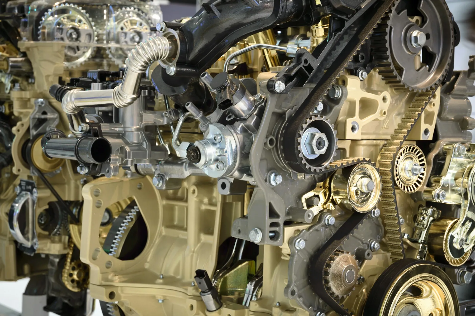Close-up of engine timing gears and chains